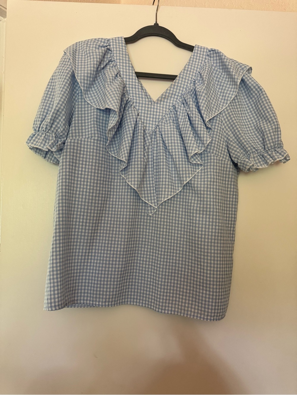 SHEIN Light Blue Gingham Ruffle V-Neck Women's Top XL